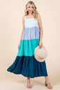 Blue multi-color tiered pull-on maxi dress by Mittoshop, featuring a color block design and flowing silhouette.