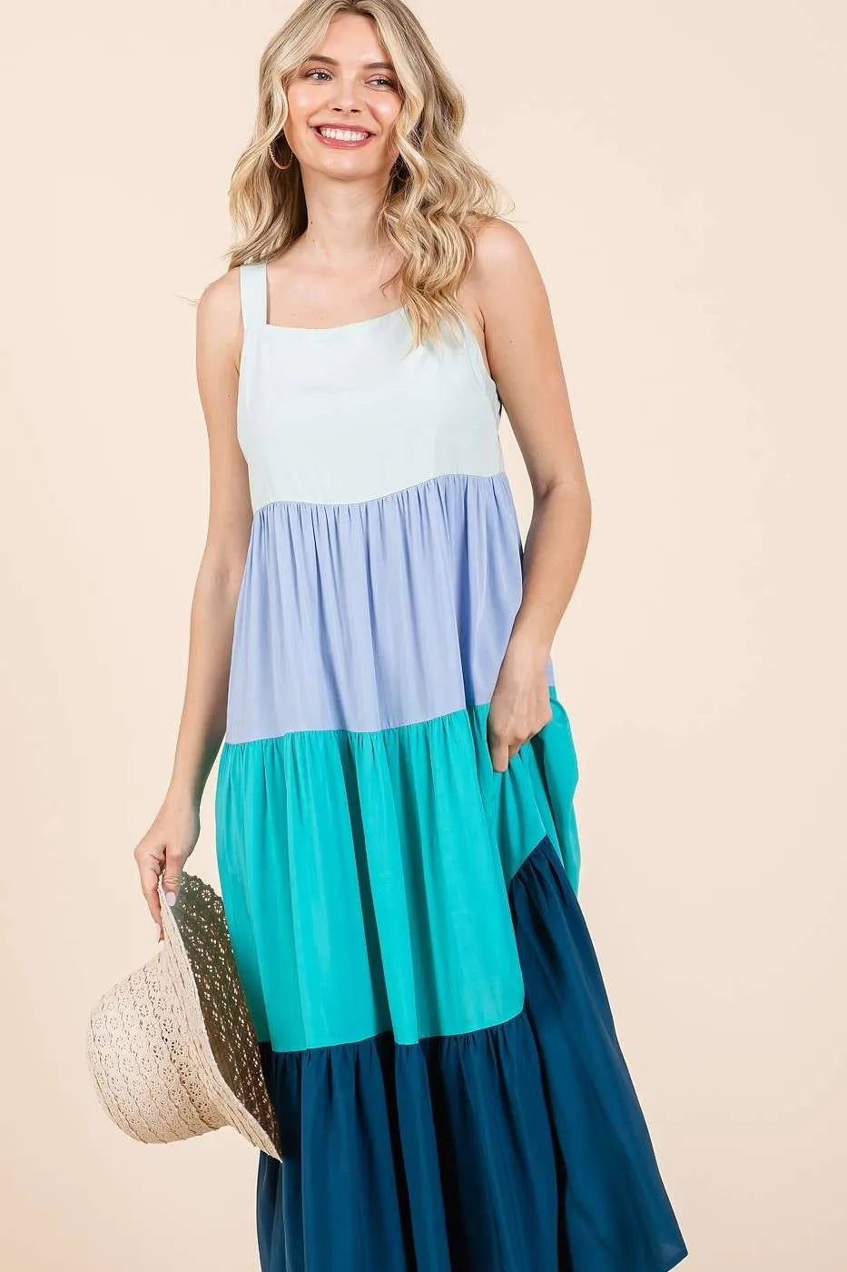 Blue multi-color block tiered pull-on maxi dress by Mittoshop, featuring a flowy silhouette and vibrant color blocking.