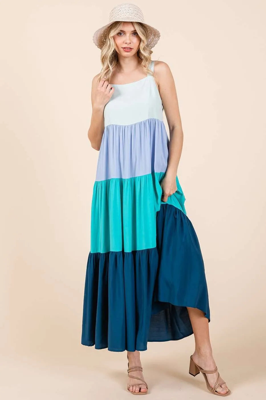 Blue multi-color block tiered maxi dress by Mittoshop, pull-on style, flowing design, perfect for casual or summer wear.
