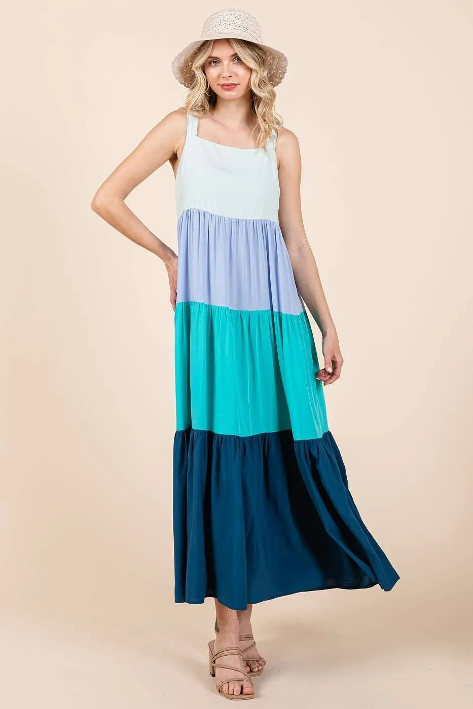 Blue multi-color block tiered pull-on maxi dress by Mittoshop, flowing and stylish for casual or dressy occasions.