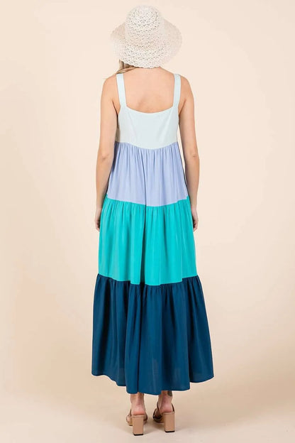 Blue multi-color block tiered pull-on maxi dress by Mittoshop, featuring a flowing, layered design and comfortable fit.