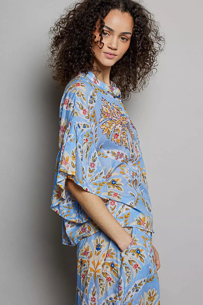Blue multi floral printed woven ruffle sleeve shirt from Trendsi, featuring a stylish design and lightweight fabric.