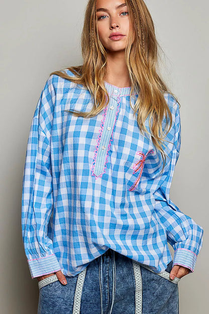Blue gingham embroidered palm tree blouse by Trendsi featuring a relaxed fit and tropical-inspired design.