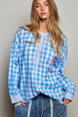 Blue gingham embroidered palm tree blouse by Trendsi featuring a relaxed fit and tropical-inspired design.