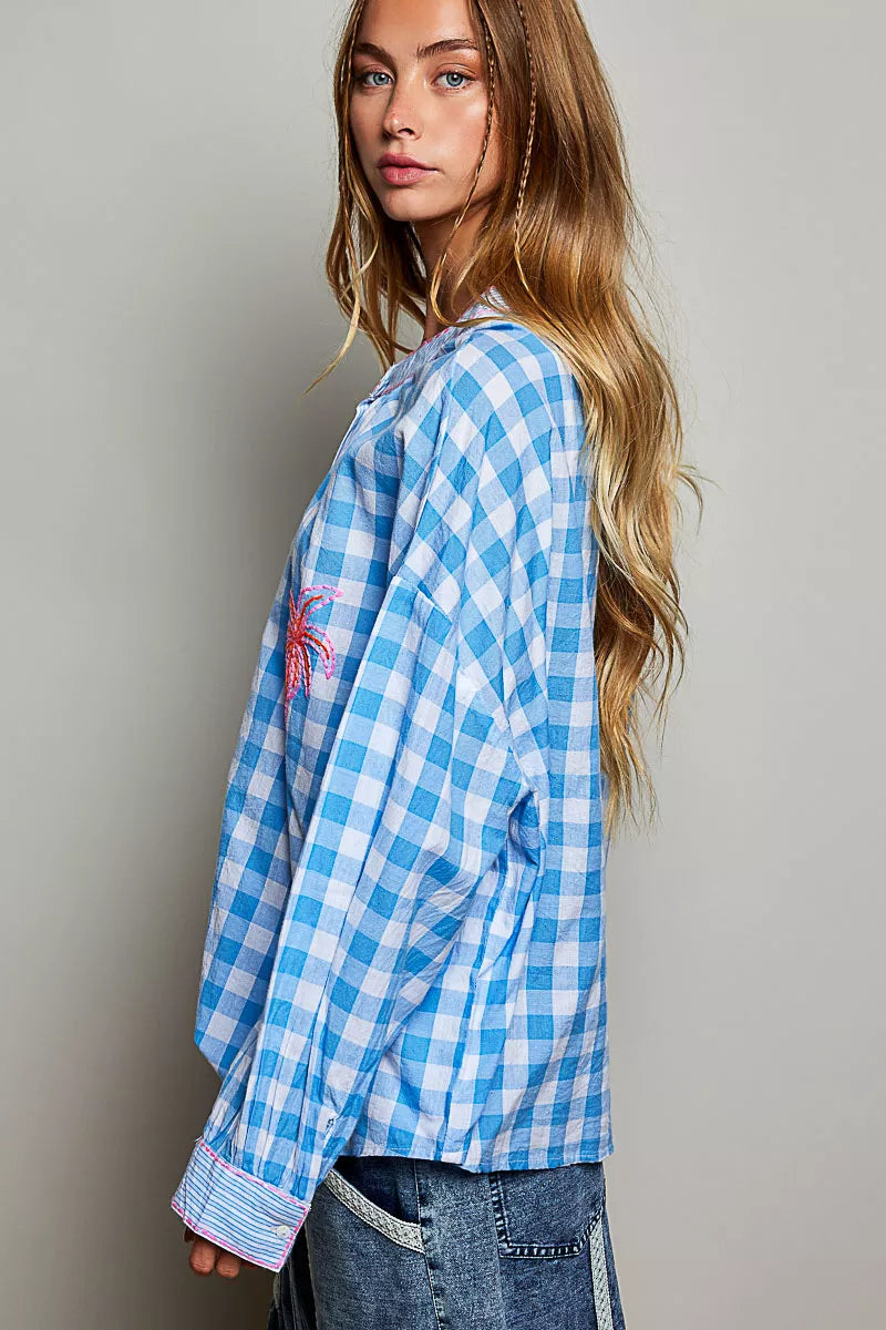 Blue multi-color gingham blouse with embroidered palm trees, casual short-sleeve top by Trendsi.