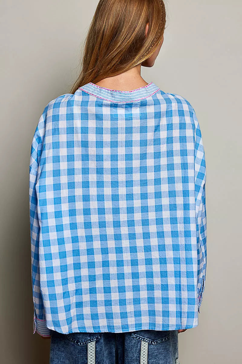 Blue multi-color POL Gingham Embroidered Palm Tree Blouse by Trendsi featuring a gingham pattern and palm tree embroidery.