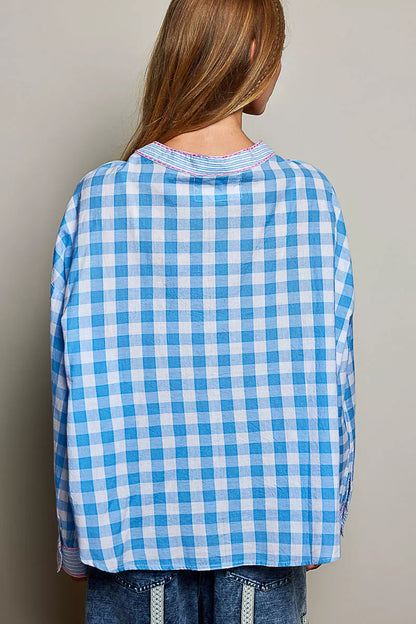 Blue multi-color POL Gingham Embroidered Palm Tree Blouse by Trendsi featuring a gingham pattern and palm tree embroidery.