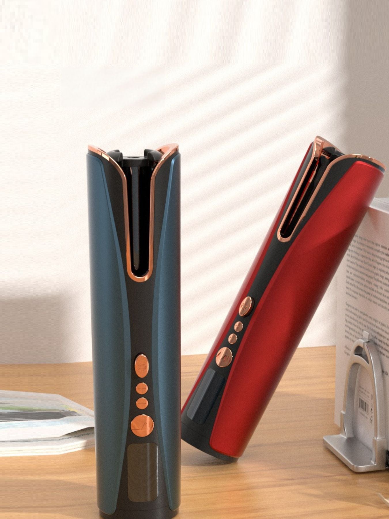 Blue Trendsi automatic hair curling iron with a sleek design, showcasing its barrel and ergonomic handle for easy curling.