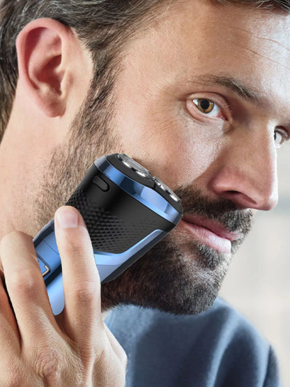 Blue Trendsi cordless rotary shaver with ergonomic handle and multiple shaving heads for a smooth, close shave.