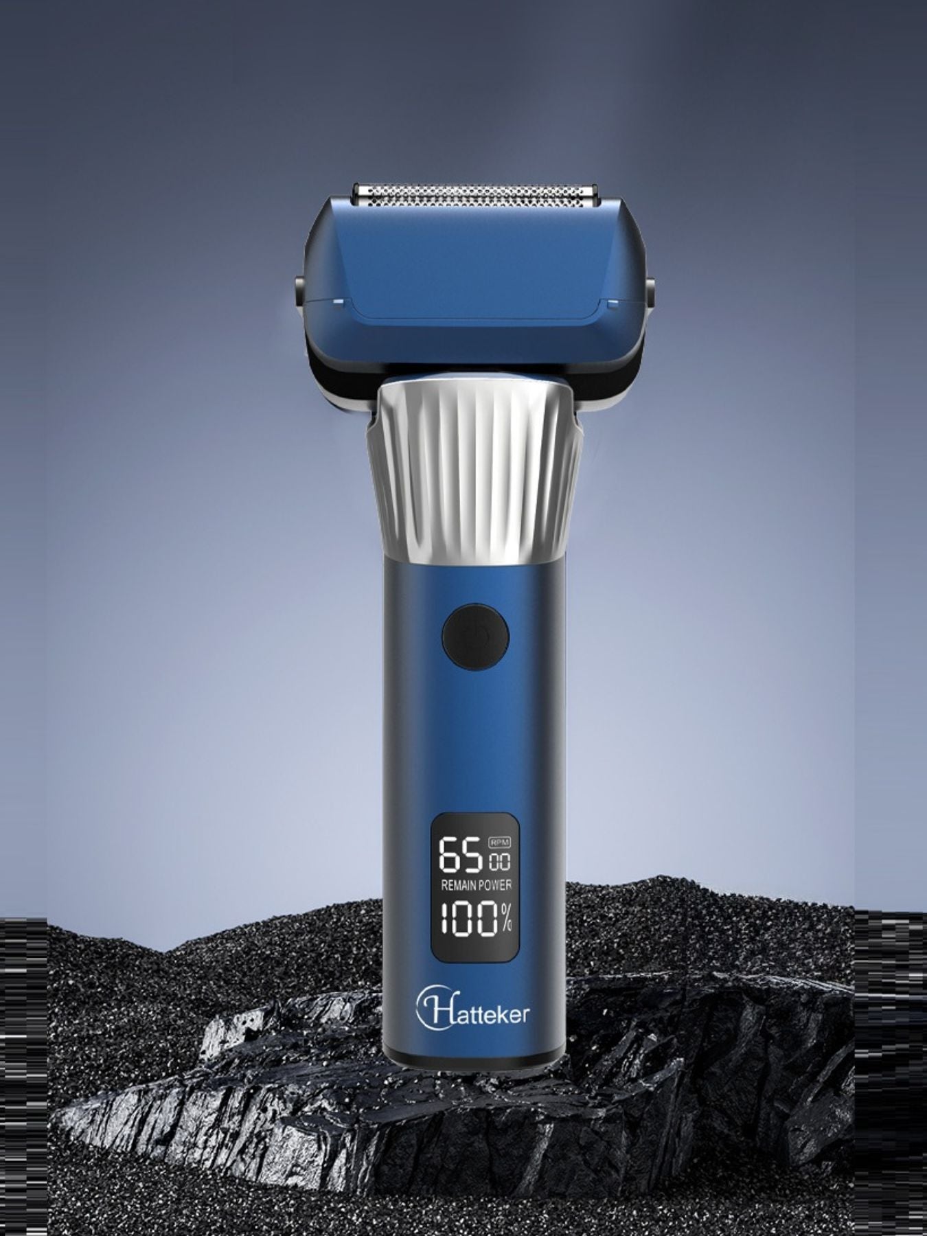 Blue electric foil shaver with LED display by Trendsi, showing close-up of foil head and sleek design.