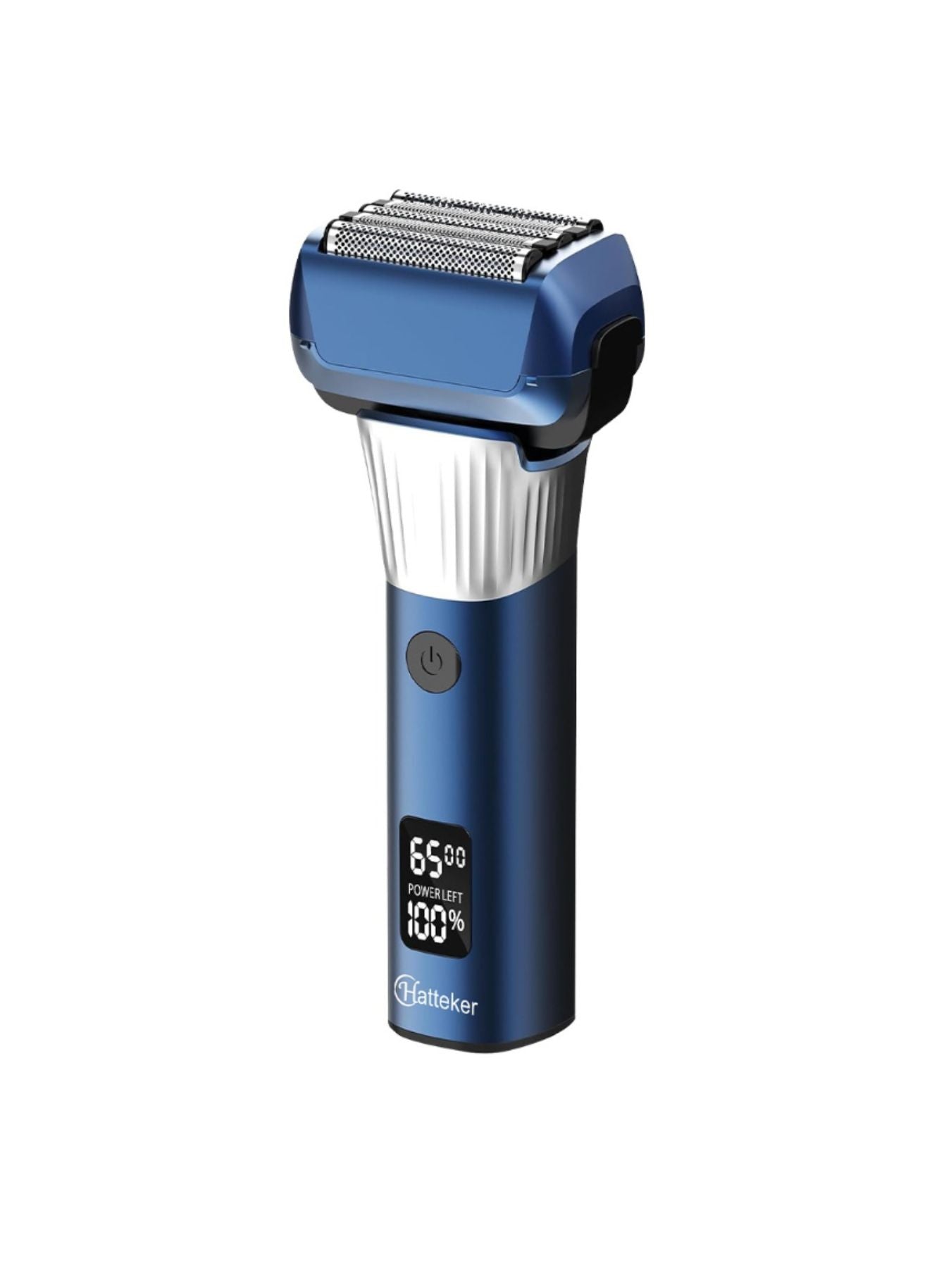 Blue electric foil shaver with LED display from Trendsi, featuring a sleek design and one-size fit for precise grooming.