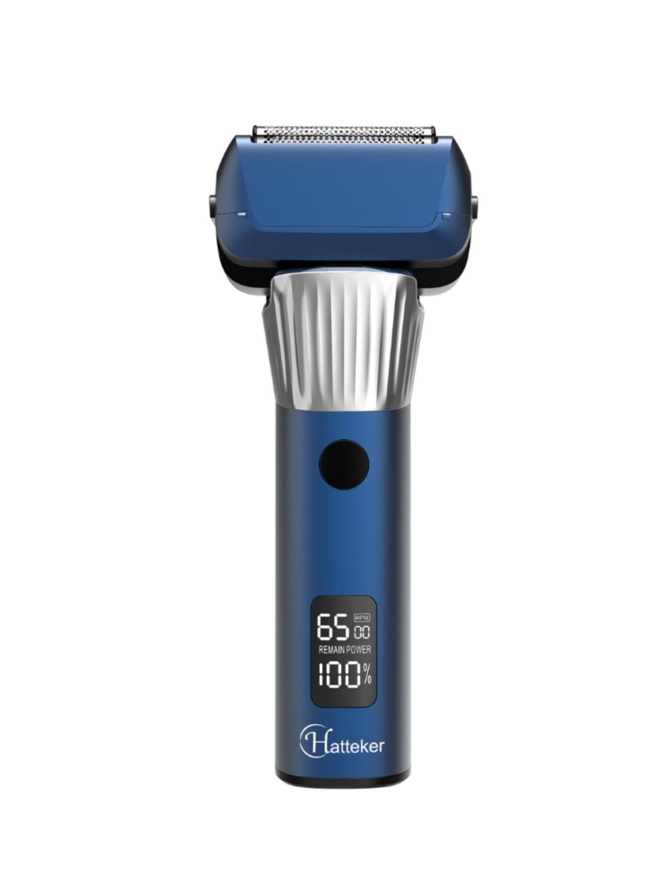 Blue electric foil shaver with LED display, Trendsi brand, featuring a sleek design and adjustable shaving foil.