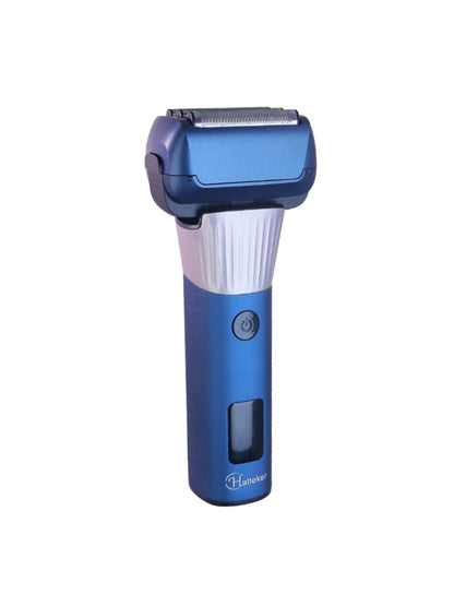 Blue electric foil shaver with LED display from Trendsi, showing close-up of foil head and sleek design.