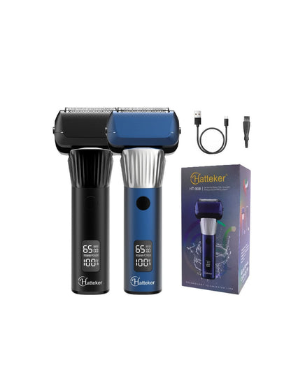 Blue electric foil shaver with LED display by Trendsi, showing the shaver's sleek design and control panel.