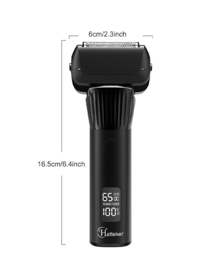 Blue electric foil shaver with LED display, Trendsi brand, showing close-up of the shaver's foil and control panel.