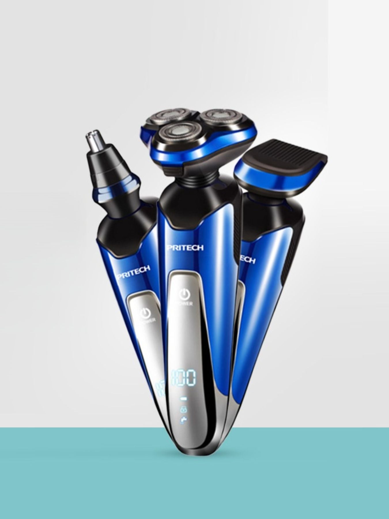 Blue Trendsi 3-in-1 electric rotary shaver with multiple attachments for versatile grooming and close shave functionality.