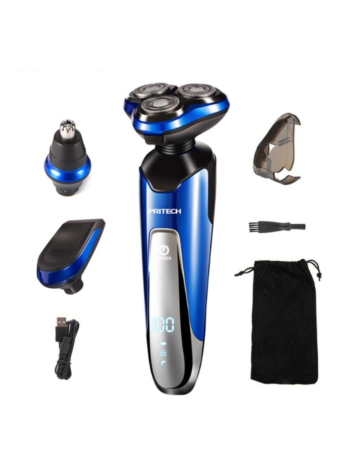 Blue Trendsi 3-in-1 electric rotary shaver with multiple attachments for face and body grooming.