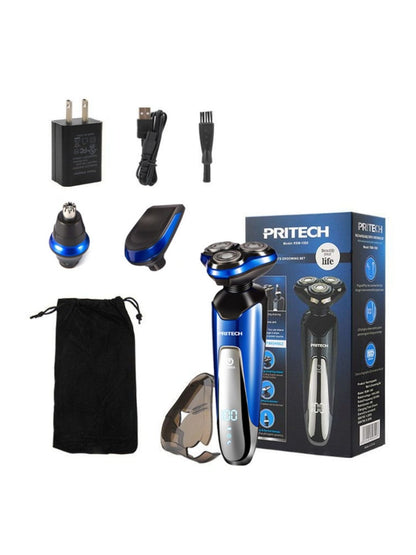 Blue Trendsi 3-in-1 electric rotary shaver with multiple detachable heads for versatile grooming.