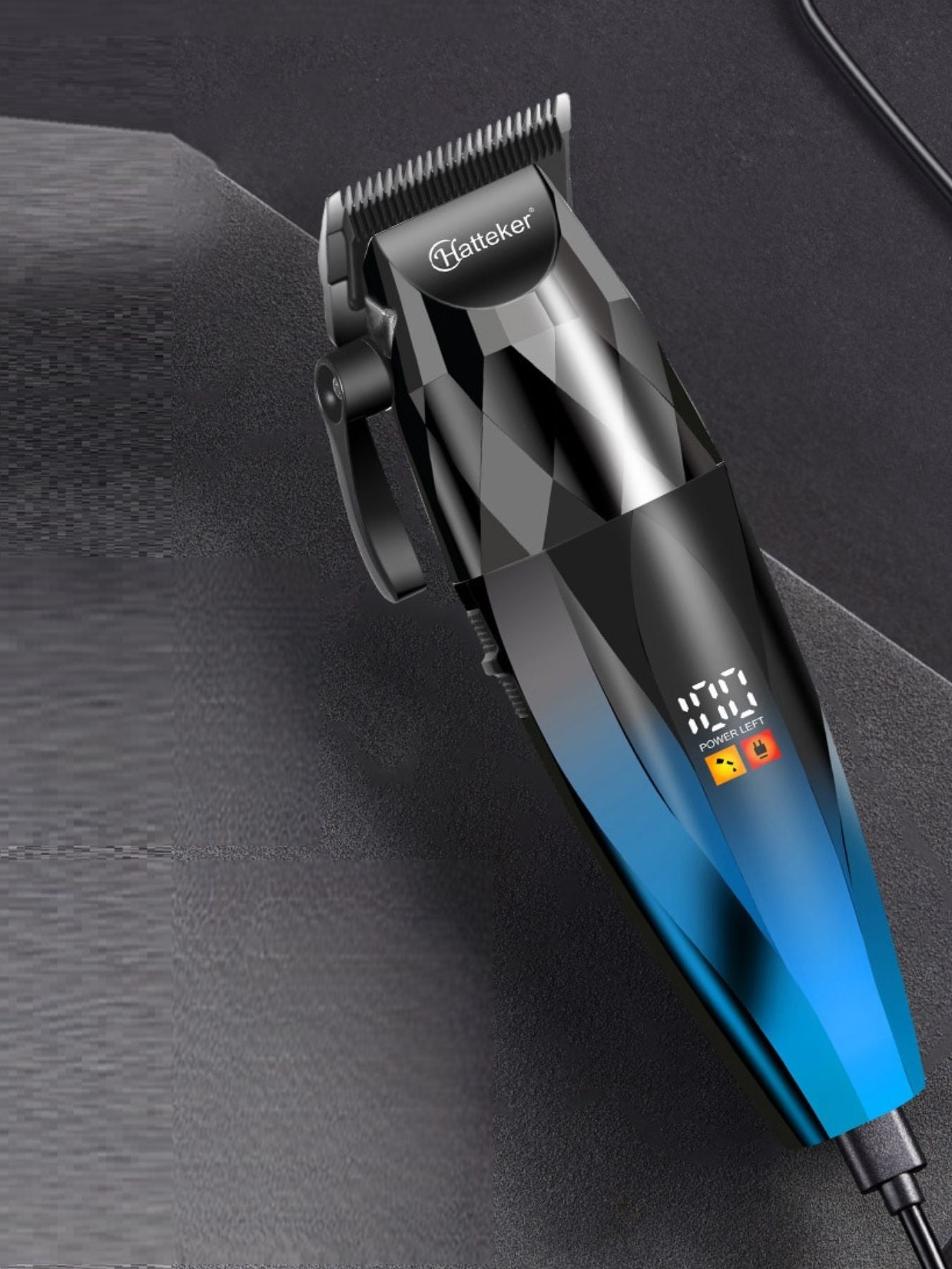 Blue cordless hair clipper with LED display and ergonomic design, ideal for precise grooming and easy use.
