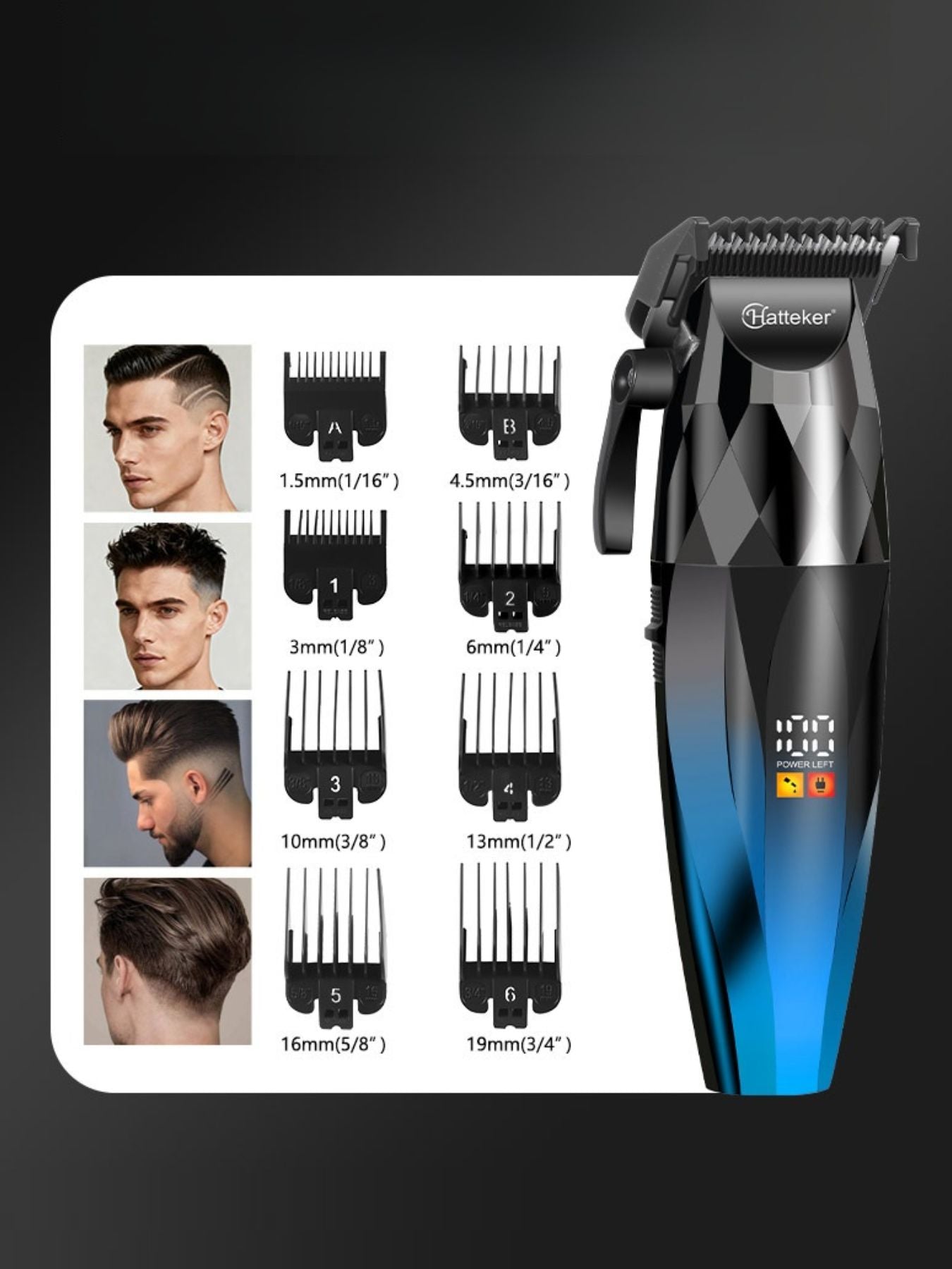Blue cordless hair clipper with LED display and ergonomic design, ideal for precise hair cutting and grooming.