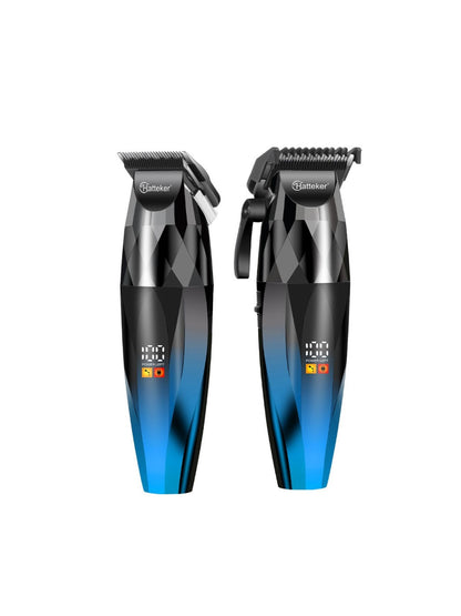 Blue cordless hair clipper with LED display showing battery level and settings, designed for precise grooming.