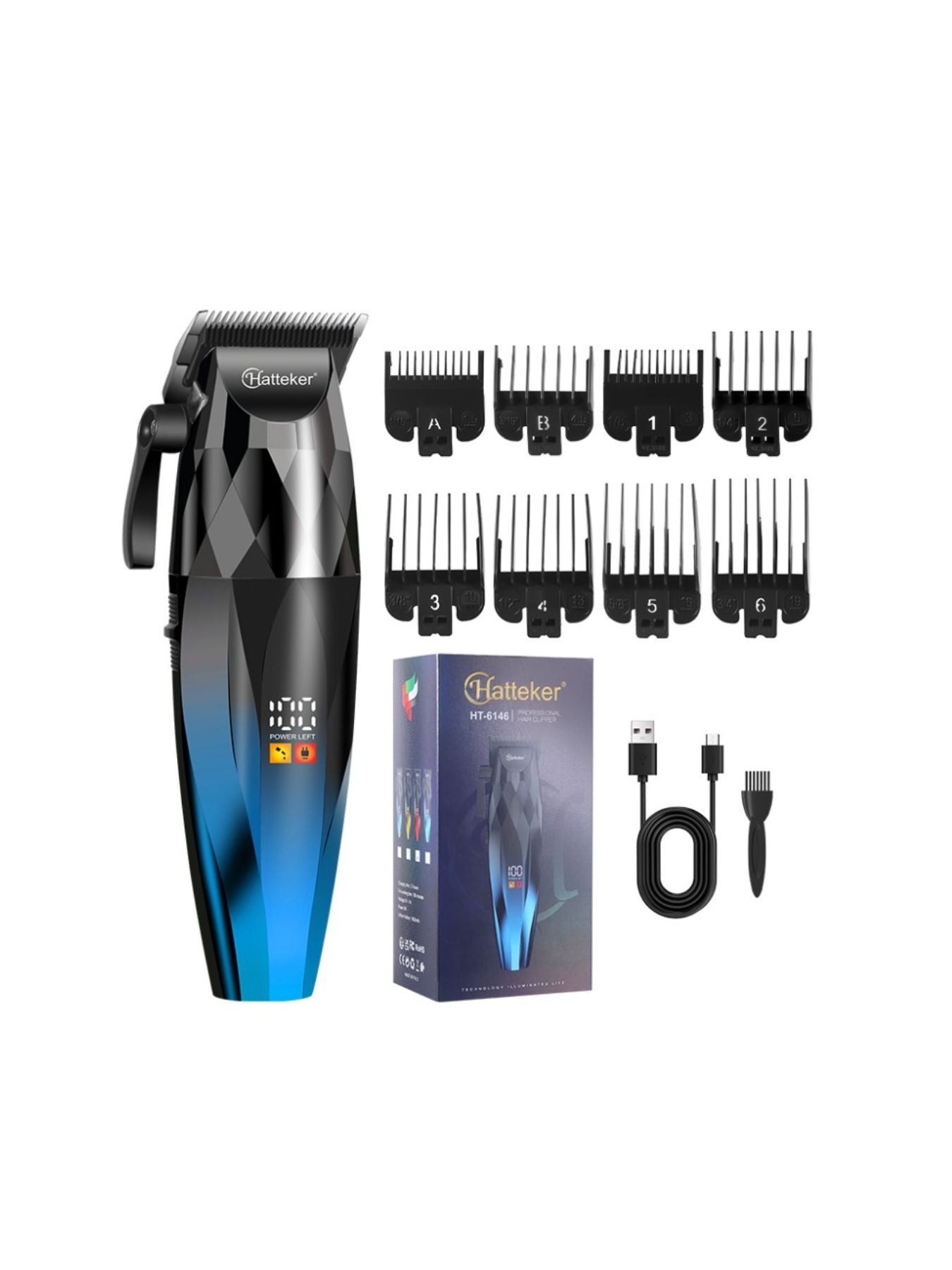 Blue cordless hair clipper with LED display and adjustable blade, designed for easy hair trimming and grooming.
