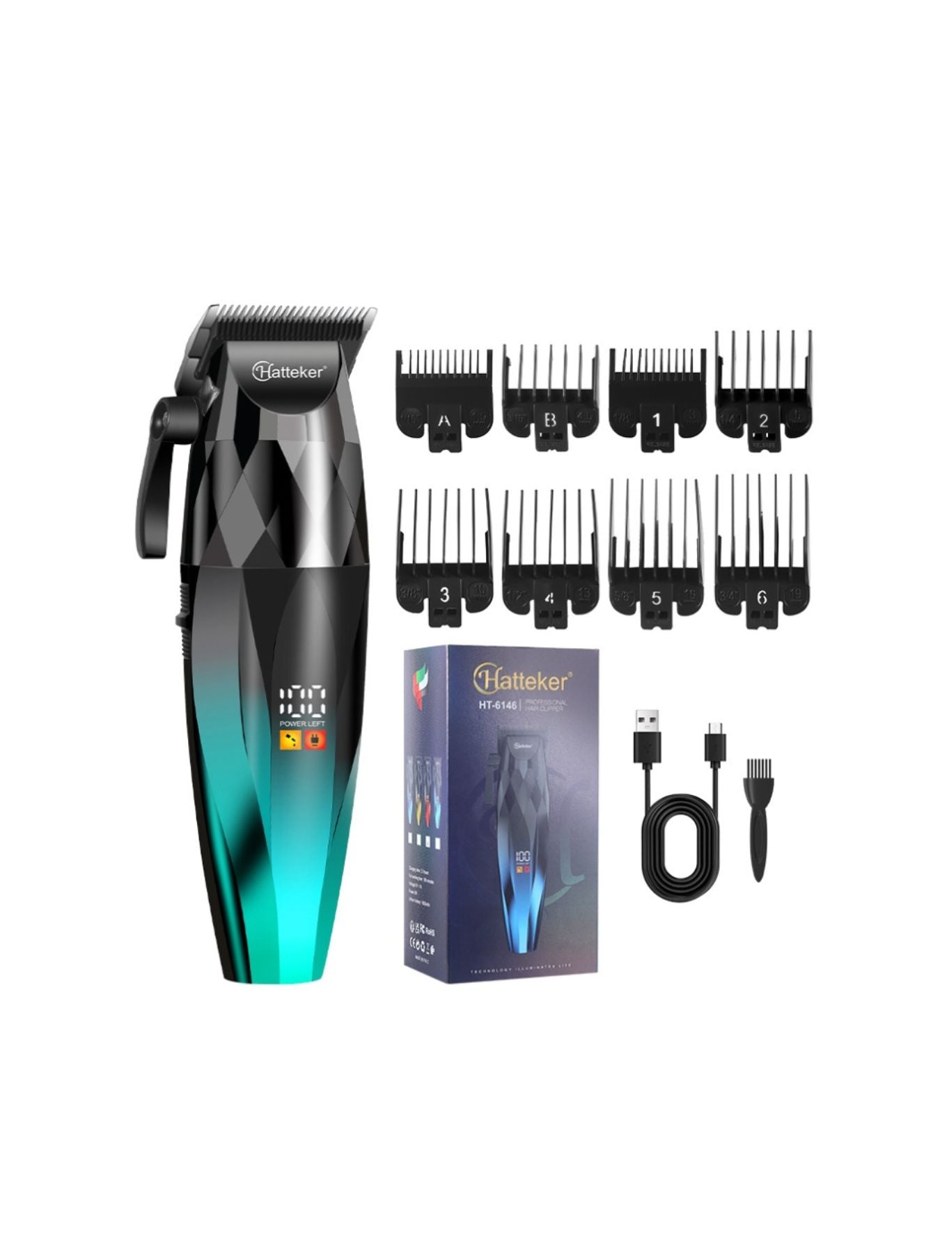 Blue cordless hair clipper with LED display and ergonomic design, featuring adjustable blades for precision grooming.