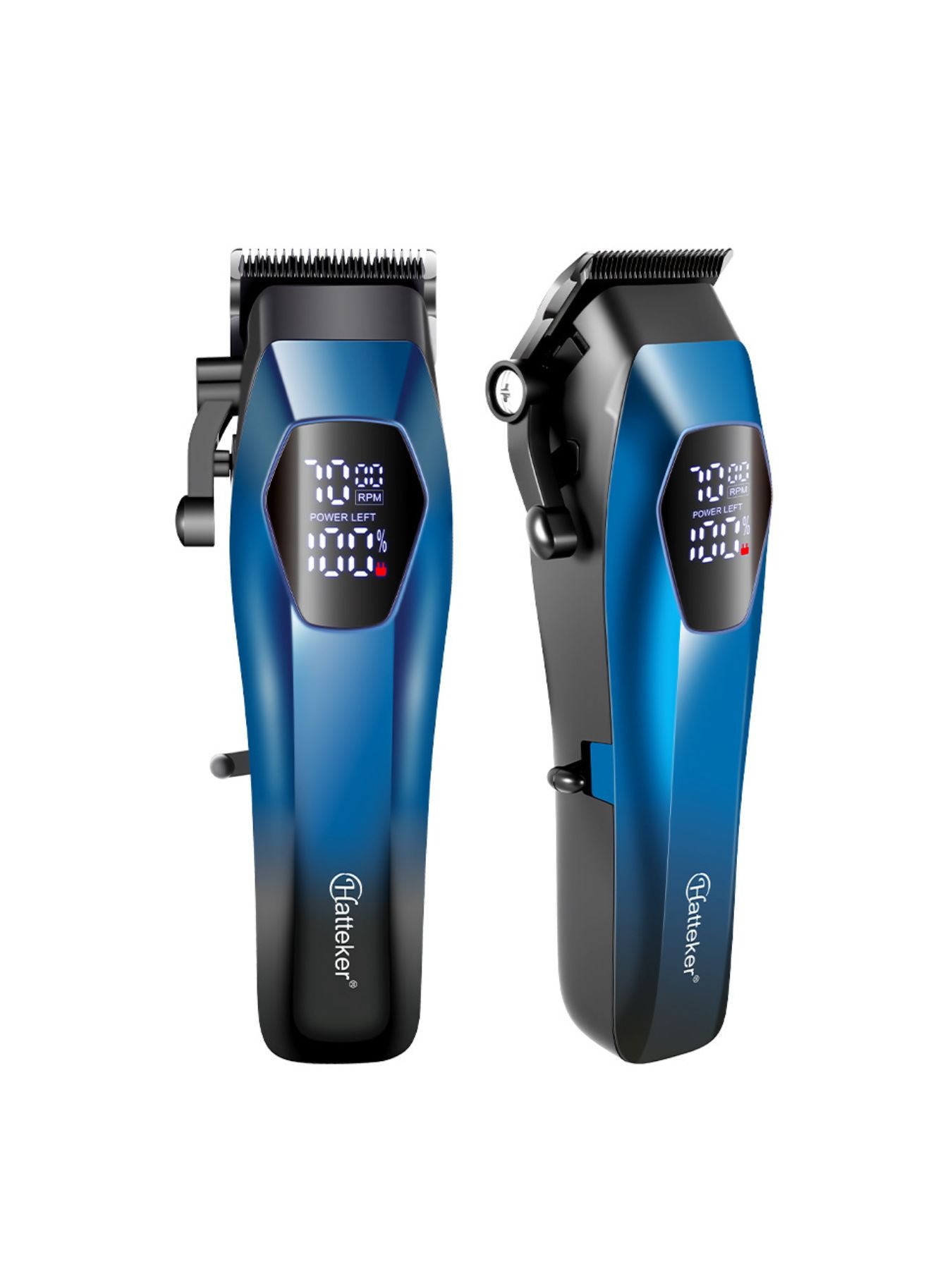 Blue cordless hair clipper with LED display and ergonomic design, featuring adjustable blades for precise styling.