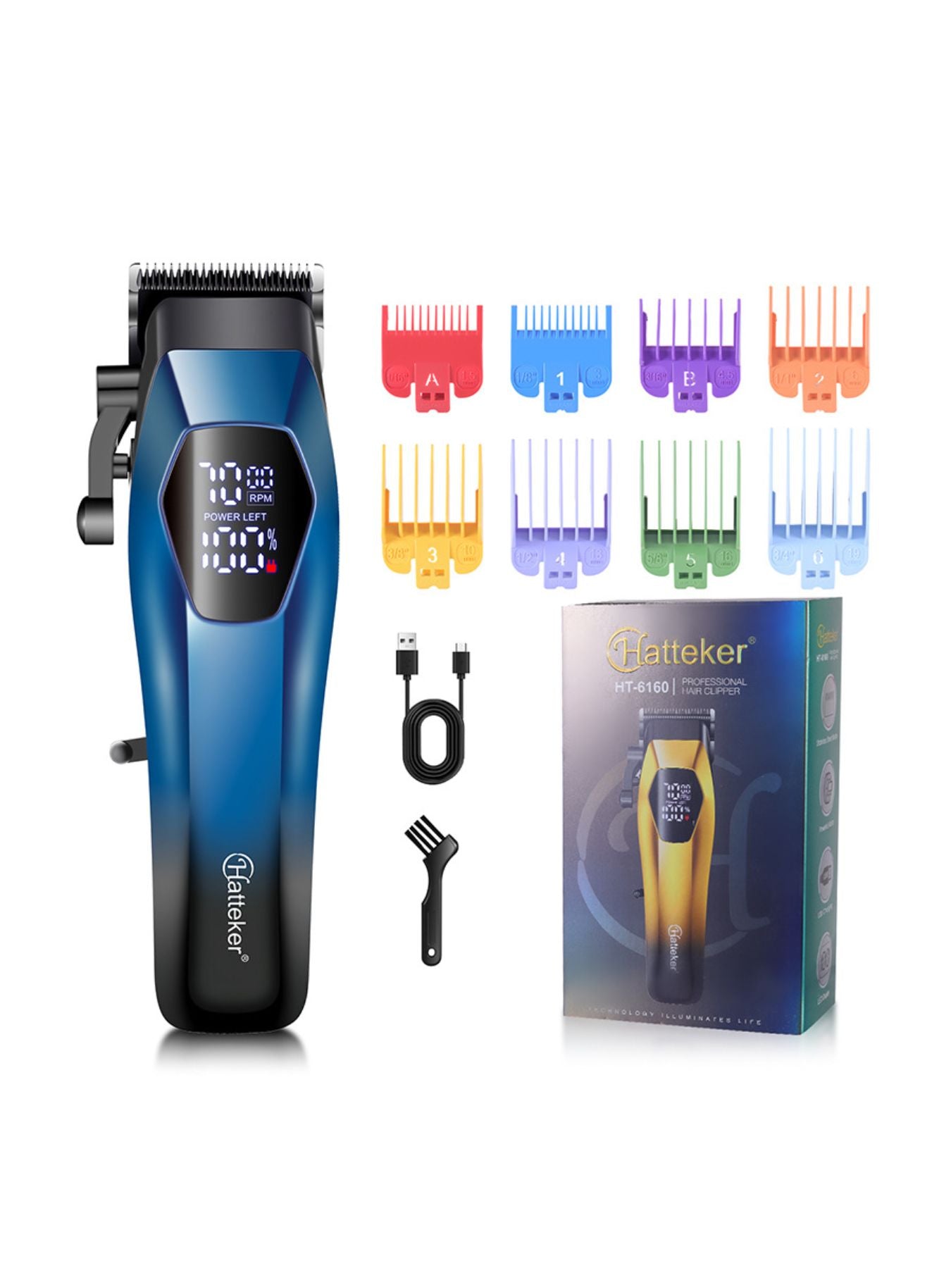 Blue cordless hair clipper with LED display, Trendsi brand, showing adjustable blades and ergonomic design for easy haircutting.
