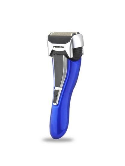 Blue rechargeable electric shaver by Trendsi with a sleek design and multiple grooming heads for a close shave.