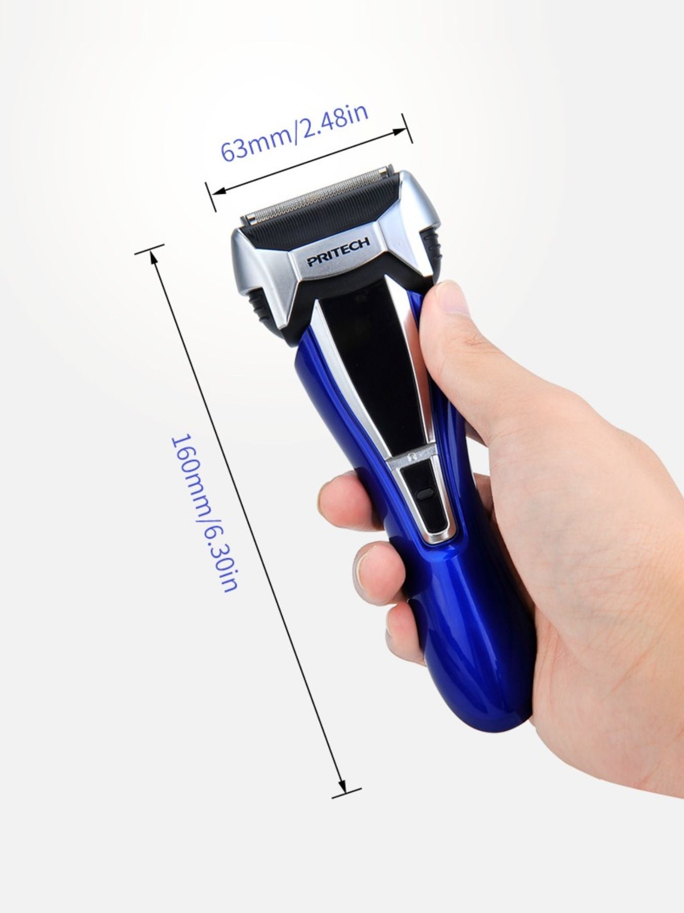 Blue rechargeable electric shaver by Trendsi with a sleek design and ergonomic handle for a close, comfortable shave.