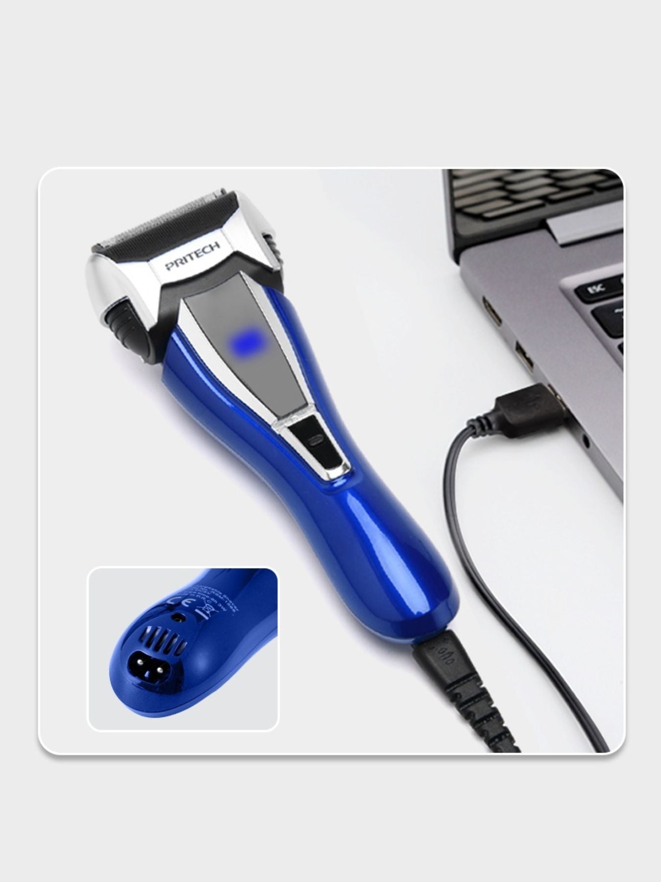 Blue Trendsi rechargeable electric shaver with a sleek design, featuring a compact handle and rotary blades for smooth shaving.
