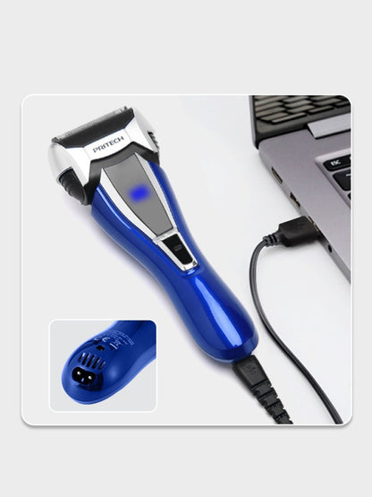 Blue Trendsi rechargeable electric shaver with a sleek design, featuring a compact handle and rotary blades for smooth shaving.