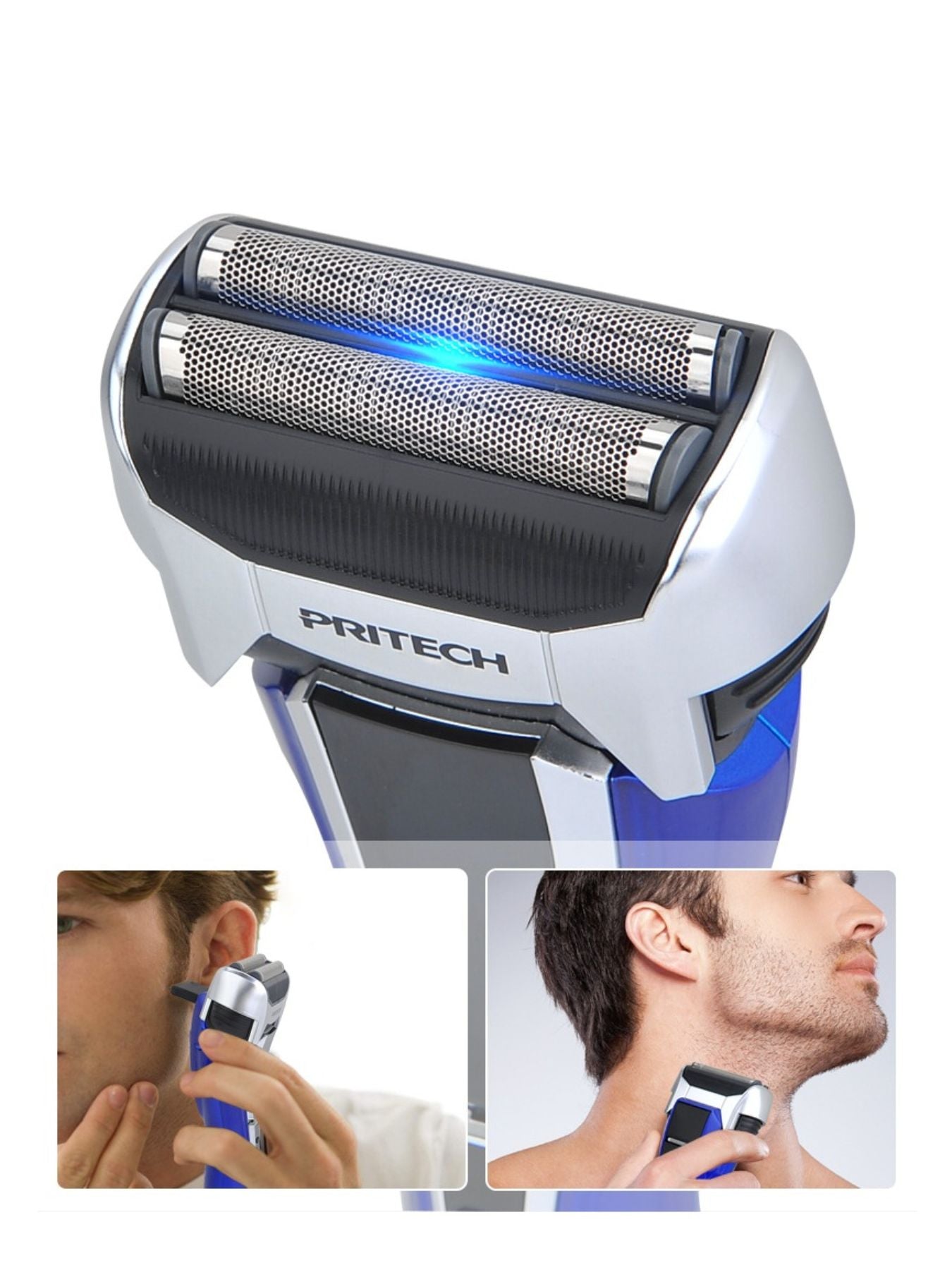 Blue rechargeable electric shaver from Trendsi with a sleek design and adjustable head for a close, comfortable shave.