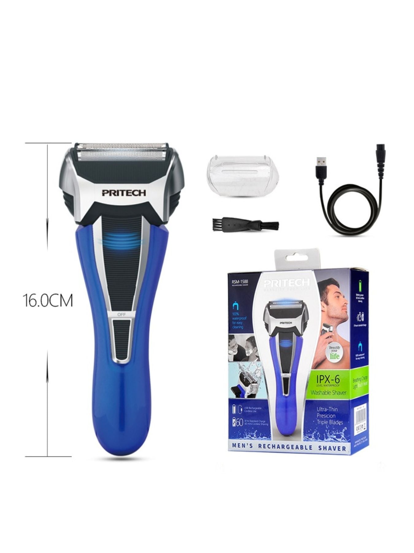 Blue rechargeable electric shaver by Trendsi with a sleek design and adjustable head for close, comfortable shaving.