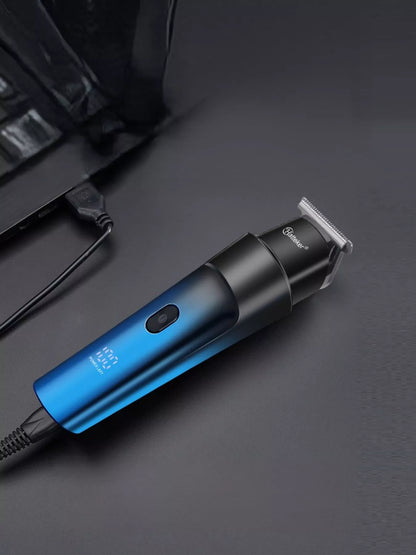 Blue waterproof hair clipper by Trendsi, showing a sleek, compact electric hair trimming device suitable for wet and dry use.