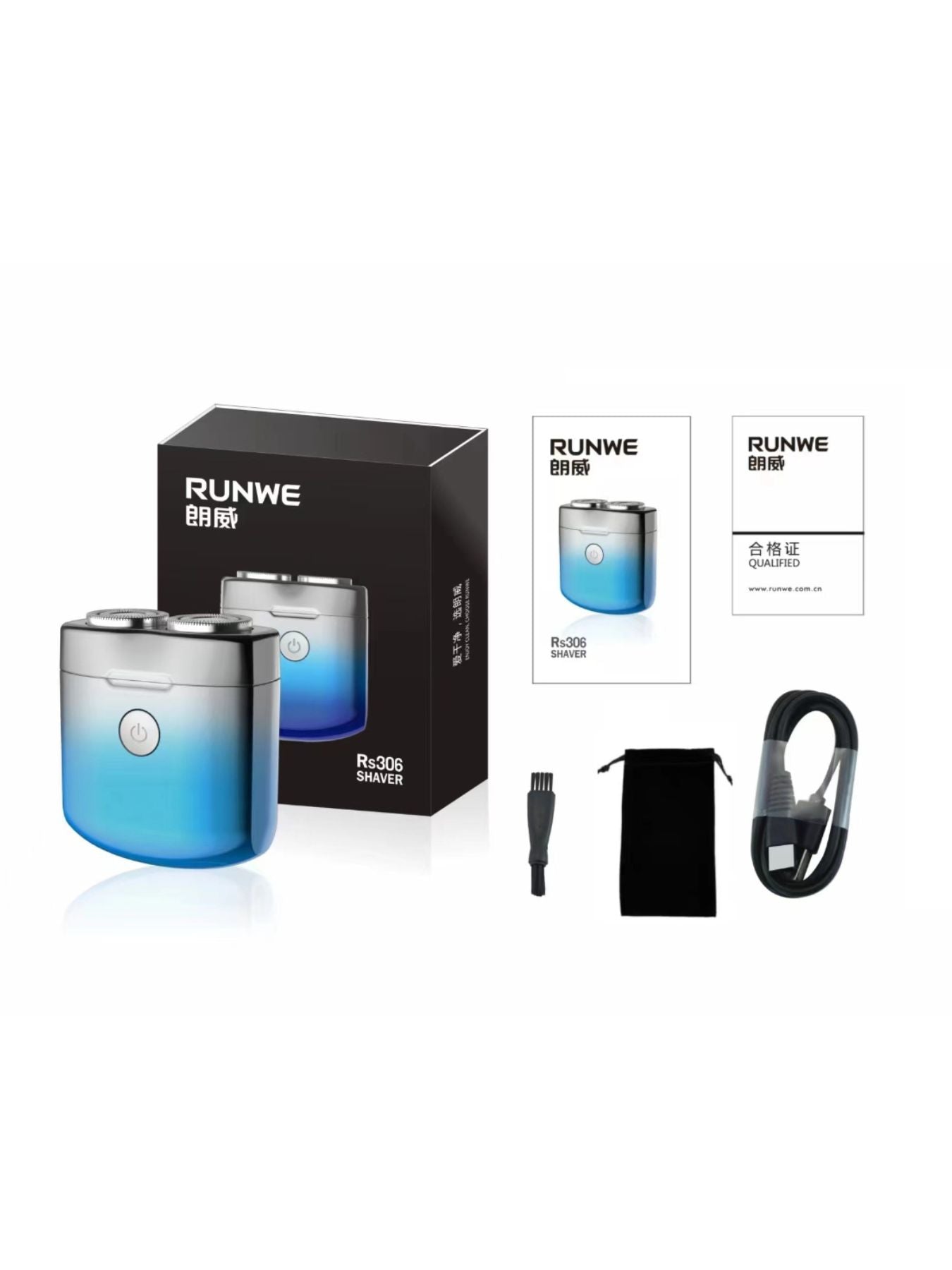 Blue waterproof rechargeable electric shaver from Trendsi, showing the compact design and waterproof features for wet and dry use.