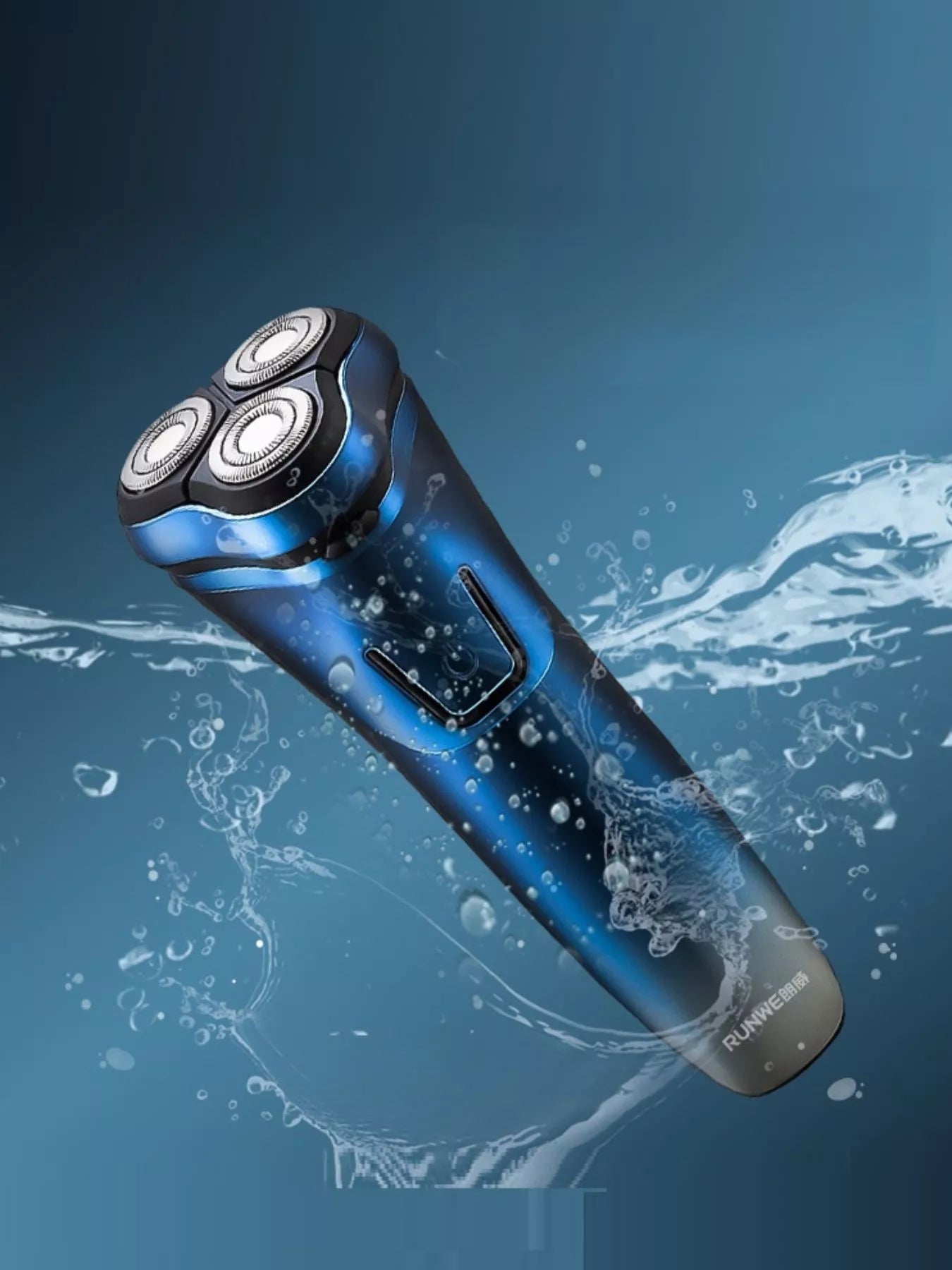 Blue waterproof rotary electric shaver by Trendsi with a sleek design and multiple rotary blades for a close, comfortable shave.