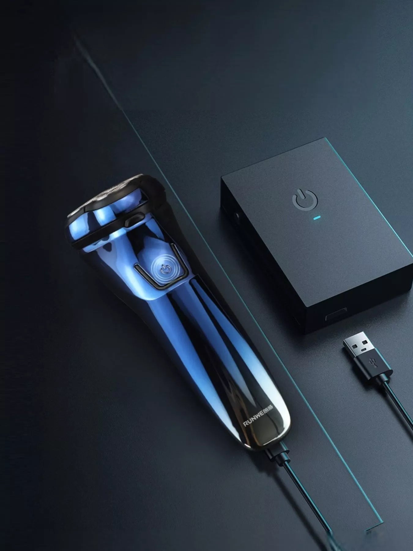 Blue waterproof rotary electric shaver from Trendsi with multiple shaving heads and ergonomic design for a close, comfortable shave.