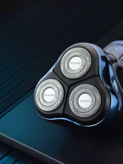 Blue waterproof rotary electric shaver by Trendsi with multiple rotary blades and a sleek design for dry or wet use.