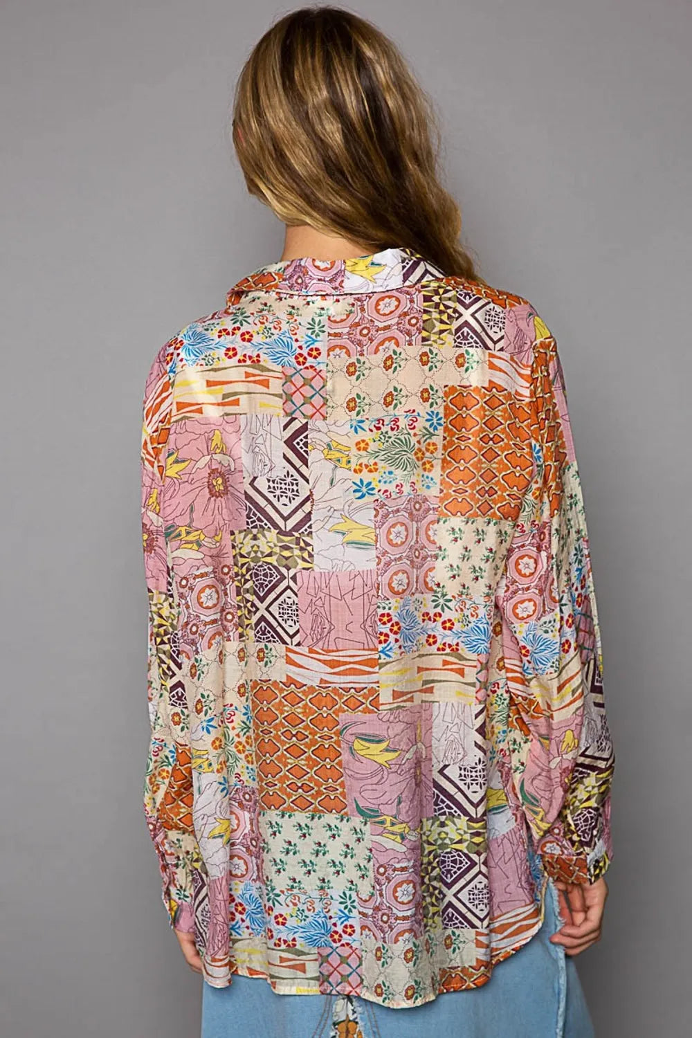 Blue and pink printed long sleeve button-down shirt from Trendsi with a stylish, casual design.