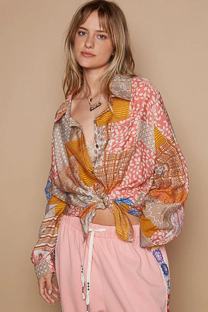 Trendsi blue and pink printed long sleeve button-down shirt with a classic collar and relaxed fit.