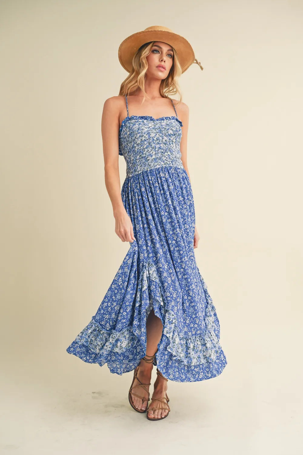 Blue Aemi + Co floral ruffled hem maxi cami dress with ditsy print, featuring a flowy silhouette and adjustable straps.