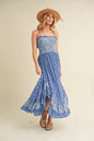 Blue Aemi + Co floral ruffled hem maxi cami dress with ditsy print, featuring a flowy silhouette and adjustable straps.