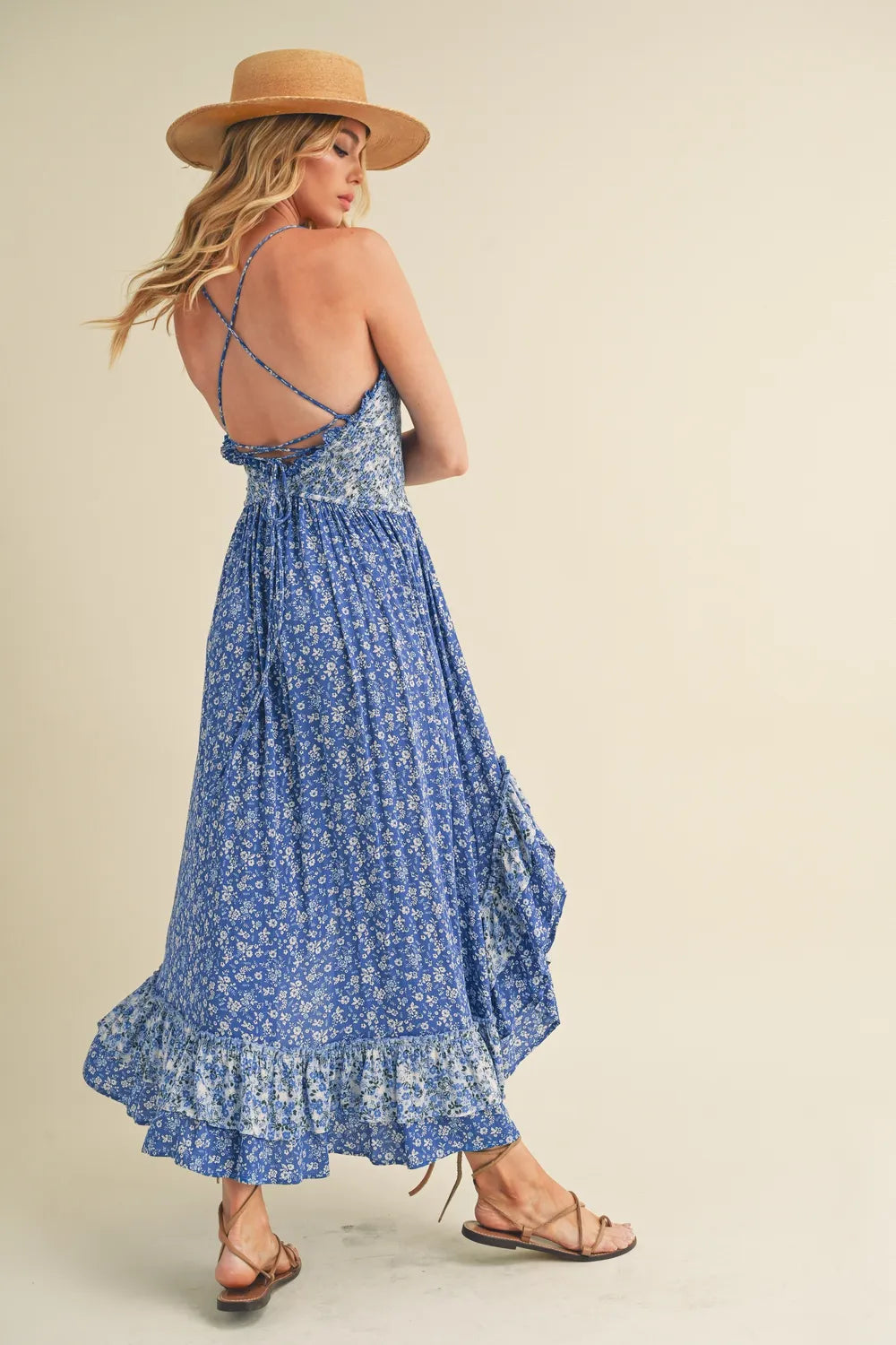 Aemi + Co blue ditsy floral ruffled hem maxi cami dress by Trendsi, featuring a flowy silhouette and spaghetti straps.