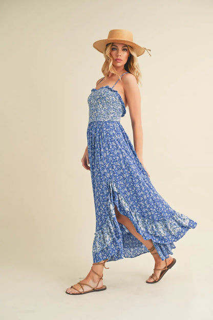 Blue Aemi + Co ditsy floral maxi cami dress with ruffled hem, perfect for summer or casual wear, by Trendsi.