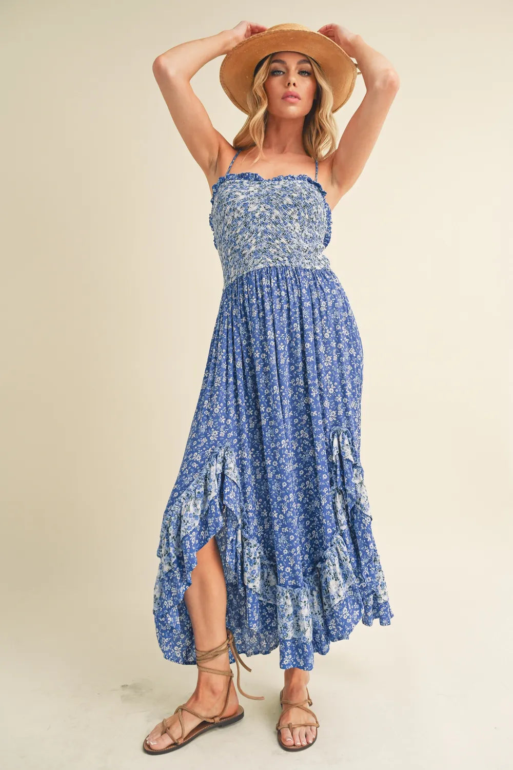 Blue Aemi + Co Ditsy Floral Maxi Cami Dress with ruffled hem, perfect for summer, featuring a flowy silhouette and delicate floral pattern.