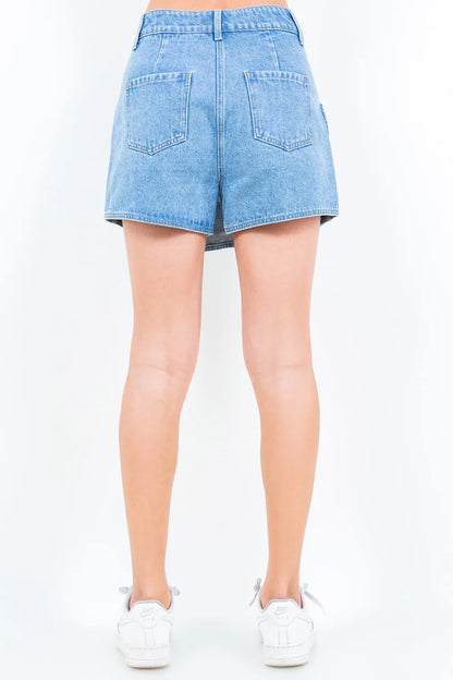 Blue American Bazi denim skort with cargo pockets, casual style, featuring a front zip and relaxed fit.