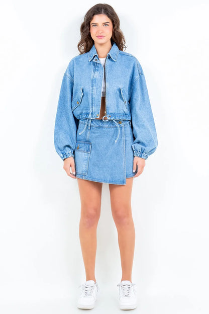 Blue American Bazi cargo pocket denim skort by Trendsi, featuring front and cargo pockets, casual style, and a lightweight denim fabric.