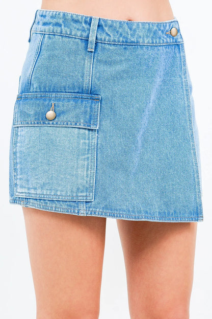 Blue American Bazi denim skort with cargo pockets, casual style, and front button closure, perfect for everyday wear.